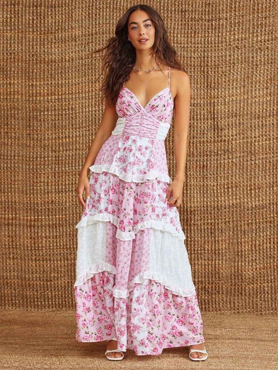 Altar'd State Dresses & Skirts - Altar'd State Pink & White Floral Tiered Maxi Dress